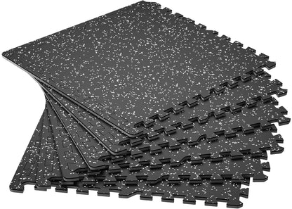 SUPERJARE 0.4'' Thick 12 Pcs 48 Sq Ft Rubber Top Exercise Equipment Mats, High Density EVA Foam Mats with Rubber Top, Interlocking Gym Flooring for Home Gym, Protective Workout Mat, Black/Grey