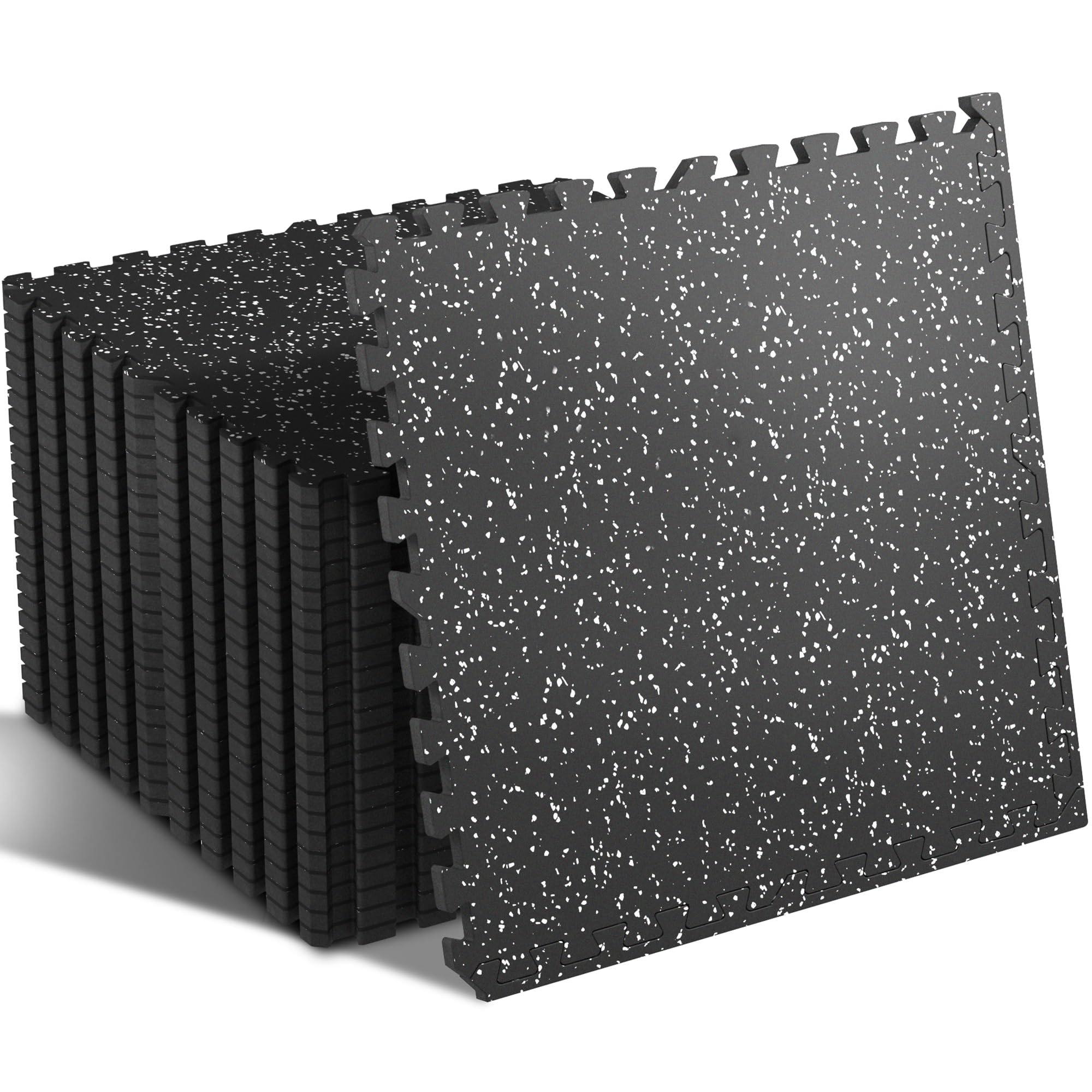 SUPERJARE 0.4'' Thick 12 Pcs 48 Sq Ft Rubber Top Exercise Equipment Mats, High Density EVA Foam Mats with Rubber Top, Interlocking Gym Flooring for Home Gym, Protective Workout Mat, Black/Grey