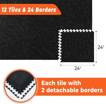 SUPERJARE 0.4'' Thick 12 Pcs 48 Sq Ft Rubber Top Exercise Equipment Mats, High Density EVA Foam Mats with Rubber Top, Interlocking Gym Flooring for Home Gym, Protective Workout Mat, Black/Grey