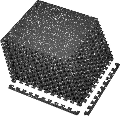 SUPERJARE 0.4'' Thick 12 Pcs 48 Sq Ft Rubber Top Exercise Equipment Mats, High Density EVA Foam Mats with Rubber Top, Interlocking Gym Flooring for Home Gym, Protective Workout Mat, Black/Grey